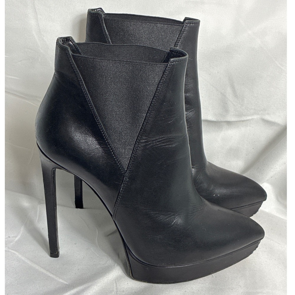 Saint Laurent Paris Janis Black Leather Platform Ankle Boots 37 Pointed Toe 5in